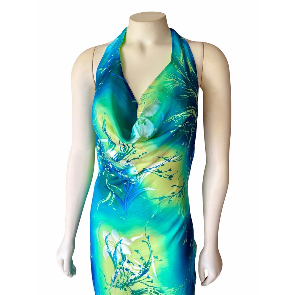 Cache Women's Size 12 Halter Dress Floral Watercolor Asymmetrical Hem Y2K - Picture 10 of 13